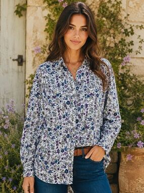 iLio Purple Blue Green and White Floral Button Down Shirt Blouse Size Large Boho